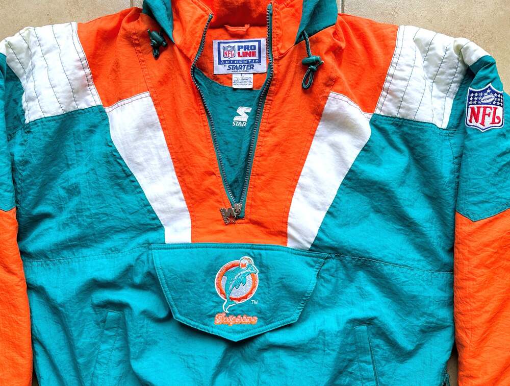 Miami Dolphins 90s STARTER puffer Color Block Pullover jacket L teal NFL Pro vtg